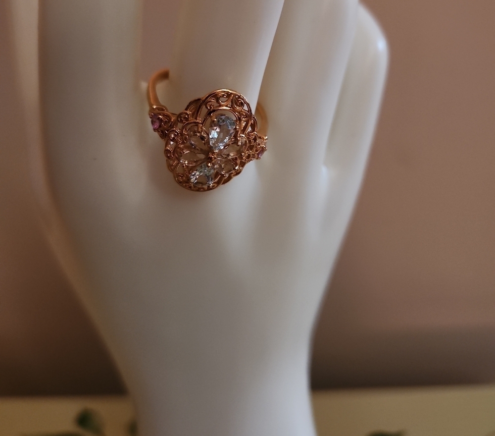JTV Morganite Aquamarine Pink Sapphire Ring 18K Rose Gold Size 11
